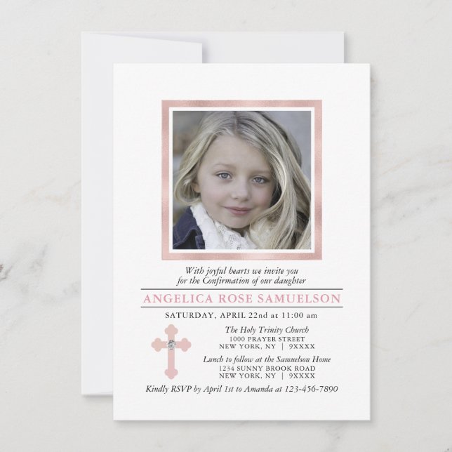 Elegante Bestätigung Cross Pink Girl | FOTO Einladung (Vorderseite)