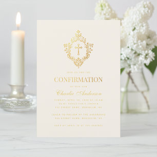 Elegante Bestätigung Faux-Gold Kreuz & Wappen Elfe Einladung