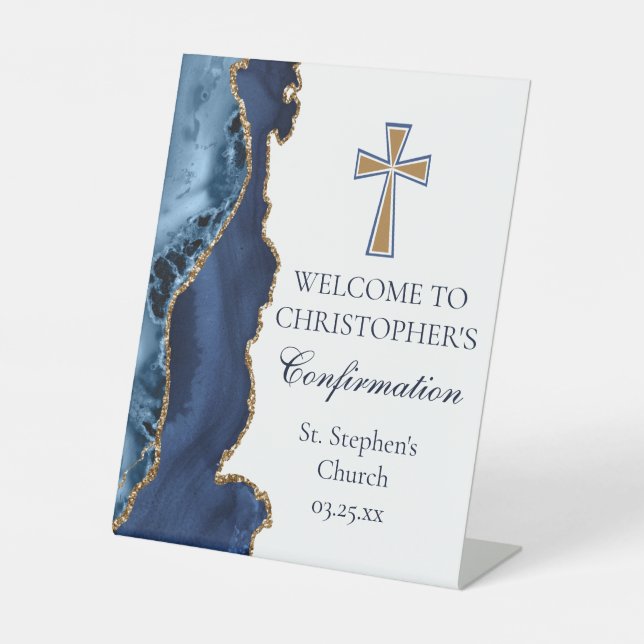 Elegante Bestätigung Navy Blue Gold Willkommen Sockelschild (Vorderseite)