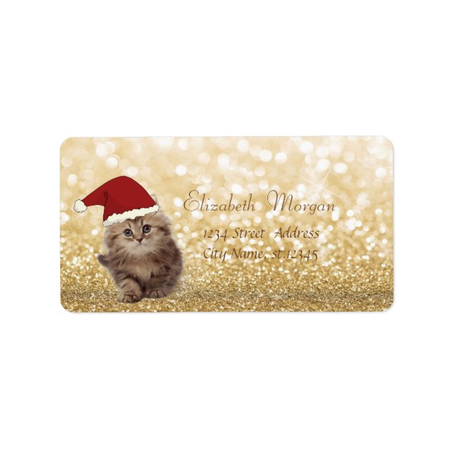 Elegante, bezaubernde Katze mit SantaHat,Glittery  Adressaufkleber (Vorne)