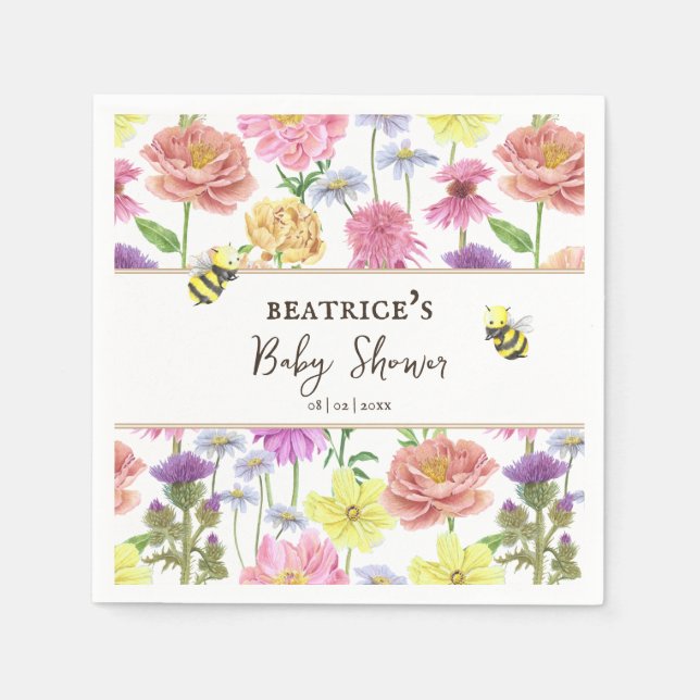 Elegante Bienen- und Wildblume-Babydusche Serviette (Vorderseite)