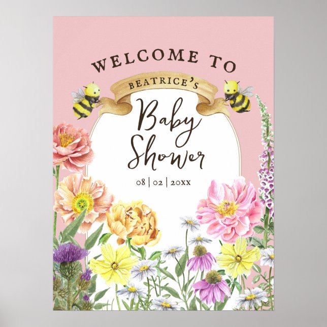 Elegante Bienen- und Wildblume-Babydusche Willkomm Poster (Vorne)
