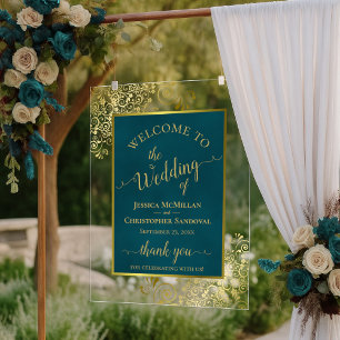Élégante Bienvenue Mariage Sombre Turquoise & Or