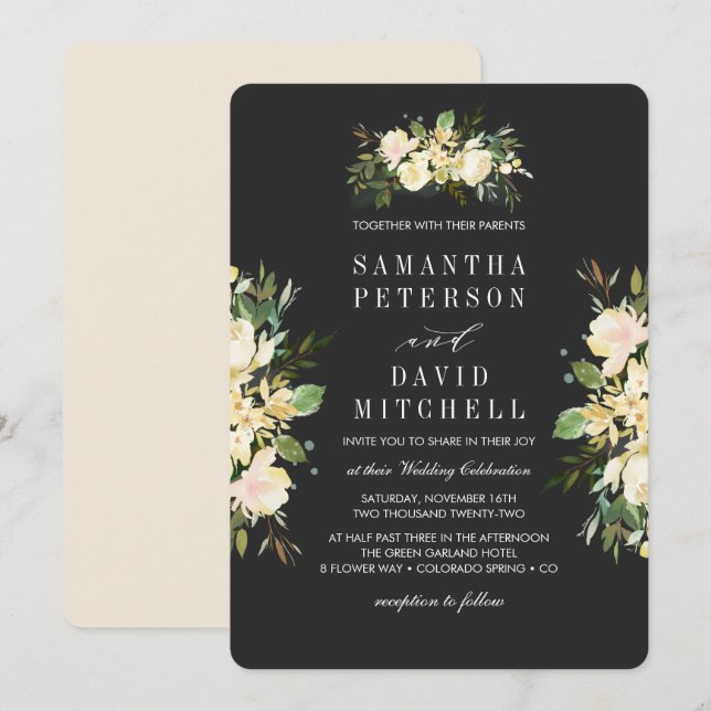 Elegante Bio Botanische Hochzeit der Elfenbeinflor Einladung (Vorne/Hinten)