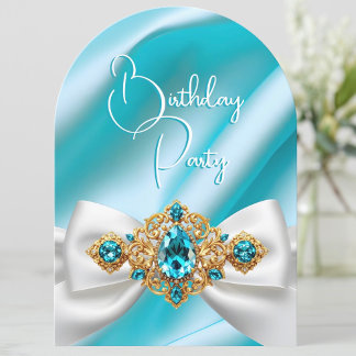 Elegante Birthday Aquamarin Blue Gold Jewel Bow Einladung
