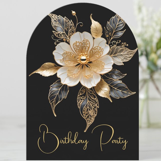 Elegante Birthday Gold Schwarz-weiße Blume Einladung (Von Creator hochgeladen)