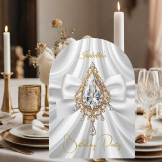 Elegante Birthday Gold White Diamond Jewel Bow Einladung