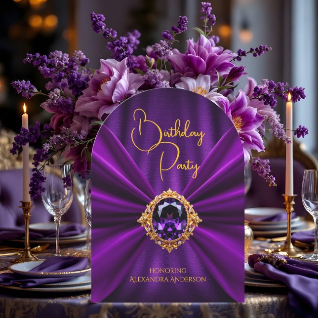Elegante Birthday Lila Gold Jewel Imitats Seide Einladung (Von Creator hochgeladen)
