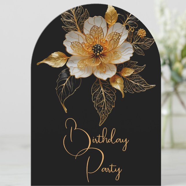 Elegante Birthday Orange Gold Black Blume Einladung (Von Creator hochgeladen)