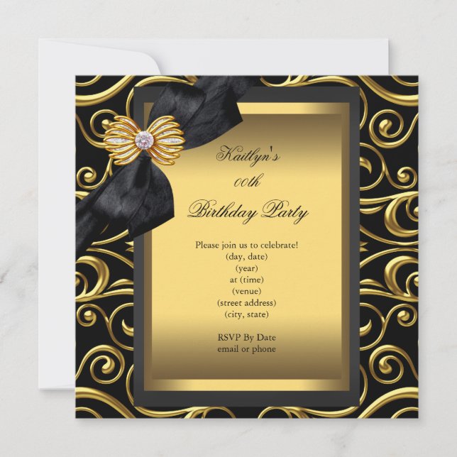 Elegante Birthday Party Black Damask Gold Einladung (Vorderseite)