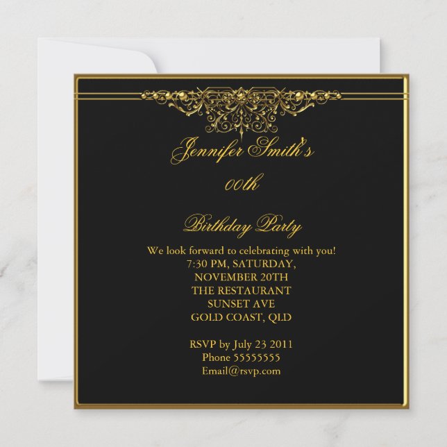Elegante Birthday Party Black Gold Einladung (Vorderseite)