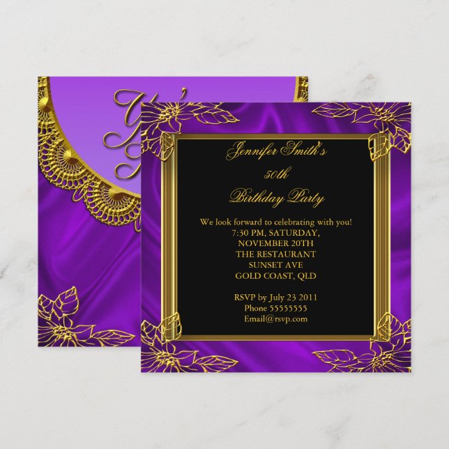 Elegante Birthday Party Black Lila Gold Einladung (Vorne/Hinten)