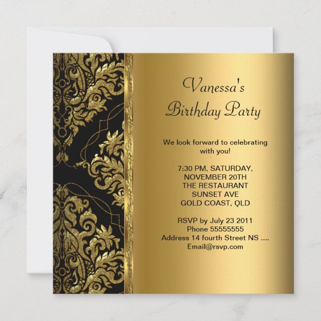 Elegante Birthday Party Gold Black Damask Floral Einladung (Vorderseite)