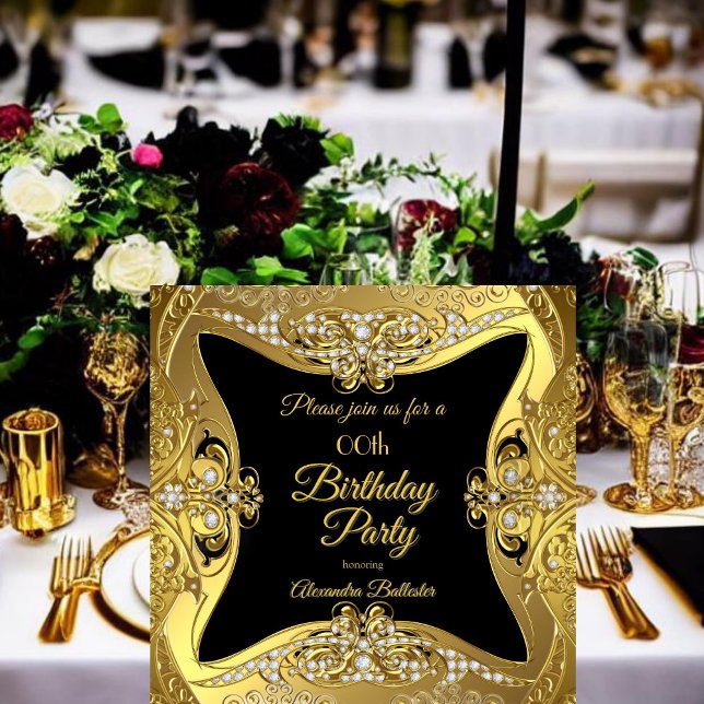 Elegante Birthday Party Gold Black Diamonds Einladung (Von Creator hochgeladen)