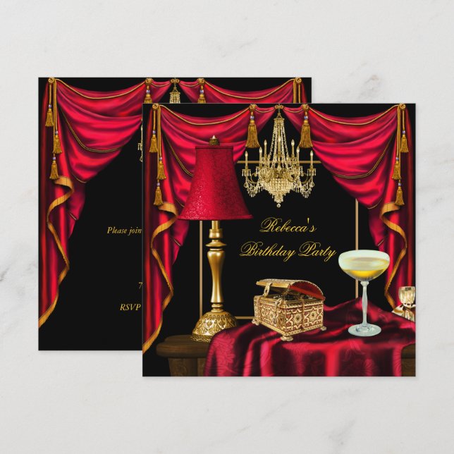 Elegante Birthday Party Gold Black Red Luxury Einladung (Vorne/Hinten)