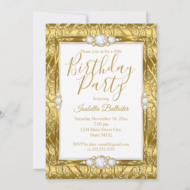 Elegante Birthday Party Gold Diamond Gem Einladung (Vorderseite)