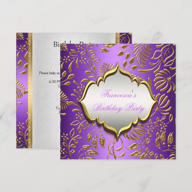 Elegante Birthday Party Lila Gold Einladung (Vorne/Hinten)
