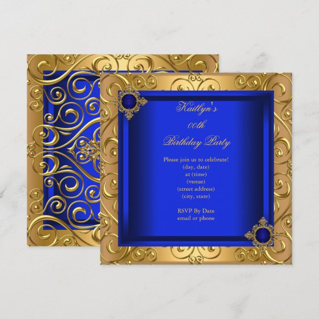 Elegante Birthday Party Royal Blue Damask Gold Einladung (Vorne/Hinten)