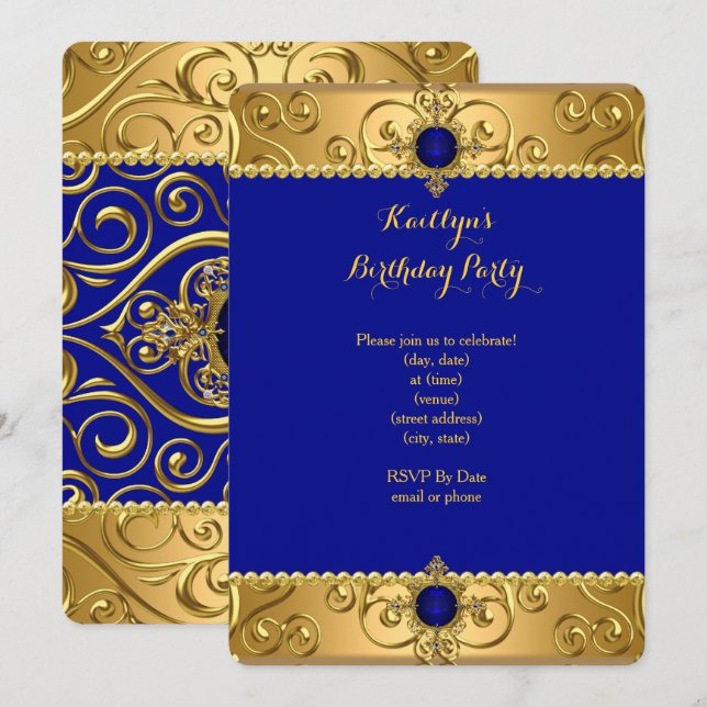Elegante Birthday Party Royal Blue Damask Gold R Einladung (Vorne/Hinten)