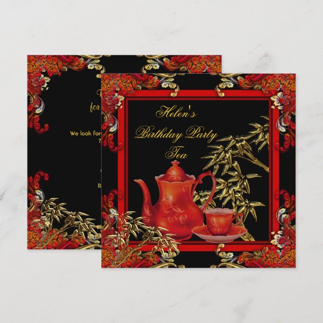 Elegante Birthday Party Tea Red Gold Bamboo Einladung (Vorne/Hinten)