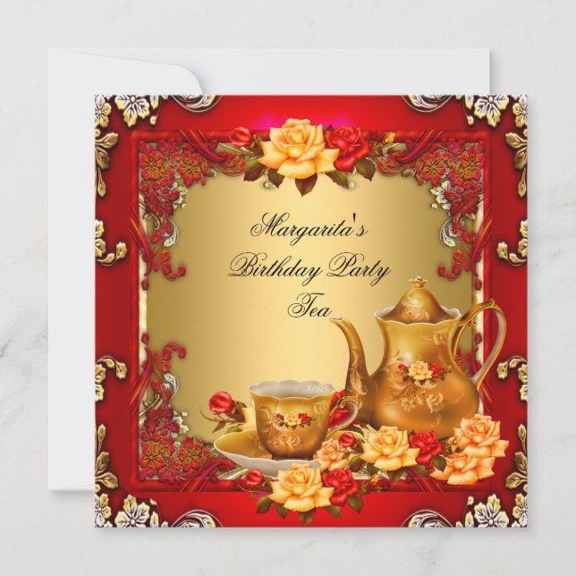 Elegante Birthday Party Tea Red Gold Rose Einladung (Vorderseite)