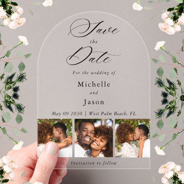 Elegante Black 3 Foto Strip Wedding Save the Date Acryleinladungen (Von Creator hochgeladen)