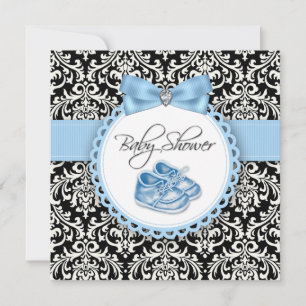 Elegante Black and Blue Damask Babydusche Einladung