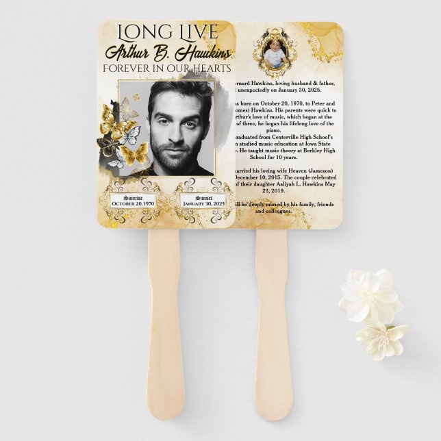 Elegante Black and Gold 2 Fotos Beerdigung/Gedenkf Fächer (Vorne und Hinten)