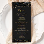 Elegante Black and Gold Agate Dark Wedding Menükarte<br><div class="desc">Dieses elegante,  moderne Hochzeitsmenü besticht durch die schwarze Aquarellwand mit goldenen Imitaten und Glitzer. Der Text erscheint in goldfarbener Handschrift,  kursiv und kopperplate Schriftart auf schwarzem Schieferboden. Das agate Design wird auf der Rückseite wiederholt.</div>