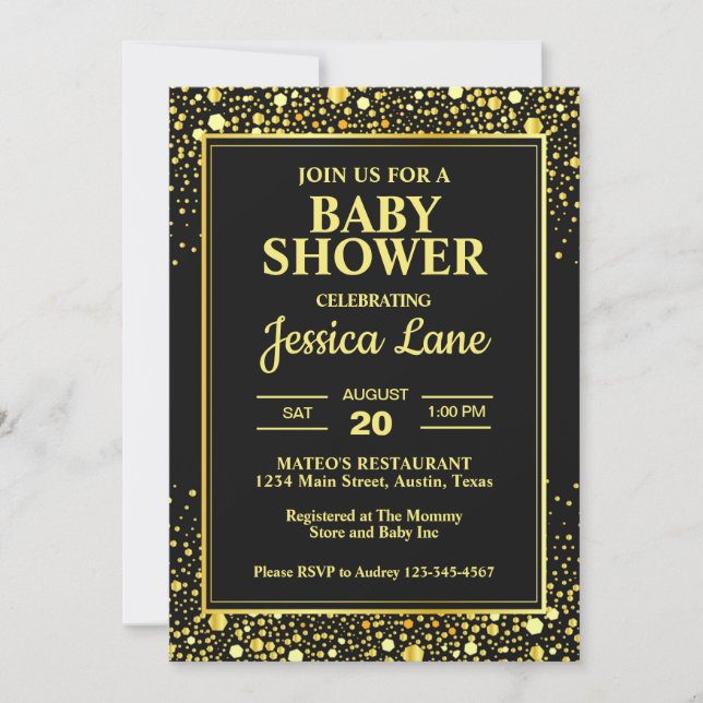 Elegante Black and Gold Baby Dusche Einladung (Vorderseite)