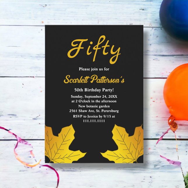 Elegante Black and Gold Blätter Herbst 50. Geburts Einladung (Von Creator hochgeladen)
