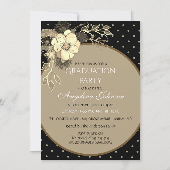 Elegante Black and Gold Blume Graduation Party Einladung (Vorderseite)