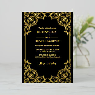 Elegante Black and Gold Damask Hochzeit Folieneinladung