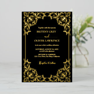 Elegante Black and Gold Damask Hochzeit Folieneinladung