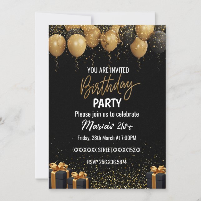 Elegante Black and Gold Einladung zum Geburtstag (Vorderseite)