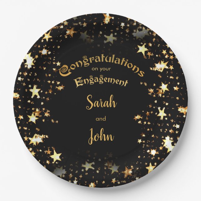 Elegante Black and Gold Engagement Party Pappteller (Vorderseite)