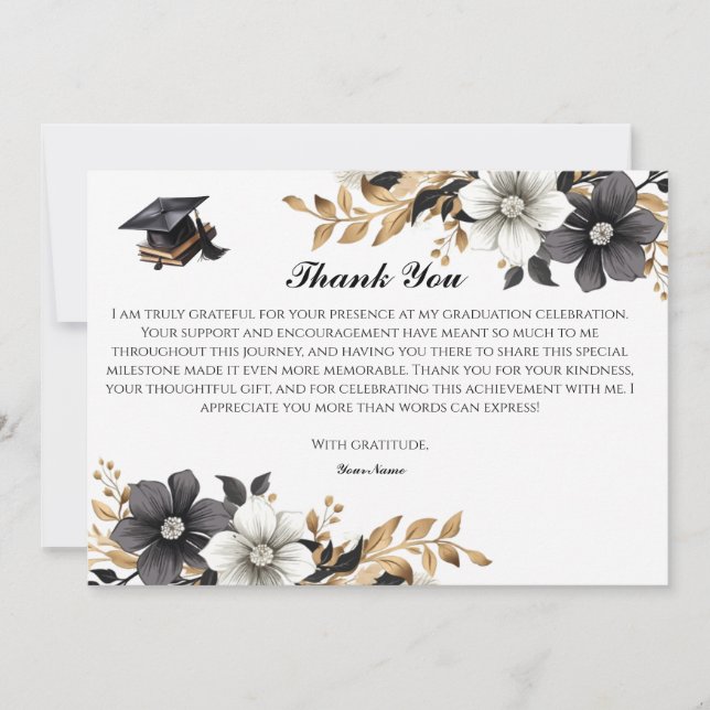 Elegante Black and Gold Floral Dankeschön Karte (Vorderseite)