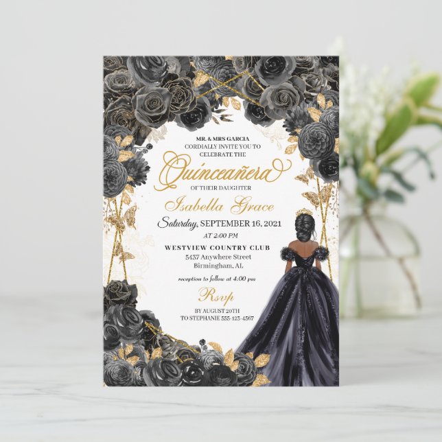 Elegante Black and Gold Floral Quinceanera Invitat Einladung (Stehend Vorderseite)