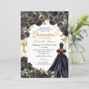 Elegante Black and Gold Floral Quinceanera Invitat Einladung