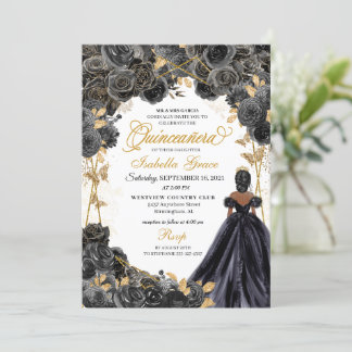 Elegante Black and Gold Floral Quinceanera Invitat Einladung