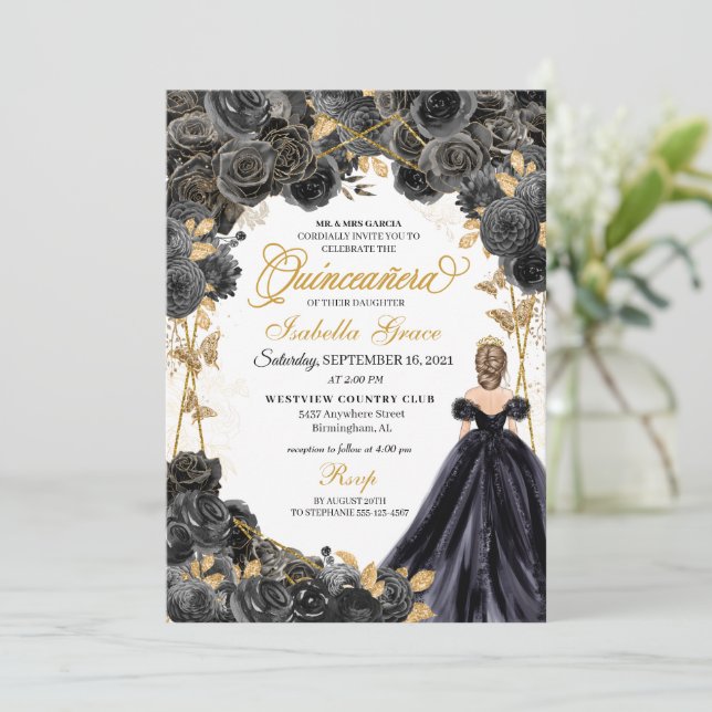 Elegante Black and Gold Floral Quinceanera Invitat Einladung (Stehend Vorderseite)