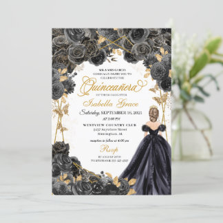 Elegante Black and Gold Floral Quinceanera Invitat Einladung