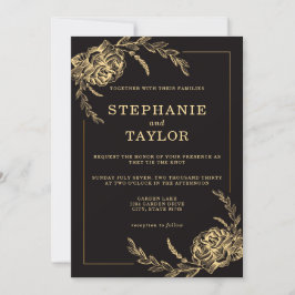 Elegante Black and Gold Foil Rose Hochzeit Einladung