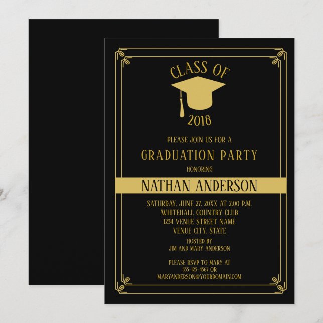 Elegante Black and Gold Frame Graduation Party | Einladung (Vorne/Hinten)