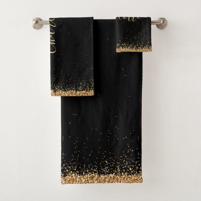 Elegante Black and Gold Glitzer Girly Badhandtuch Set (Insitu)
