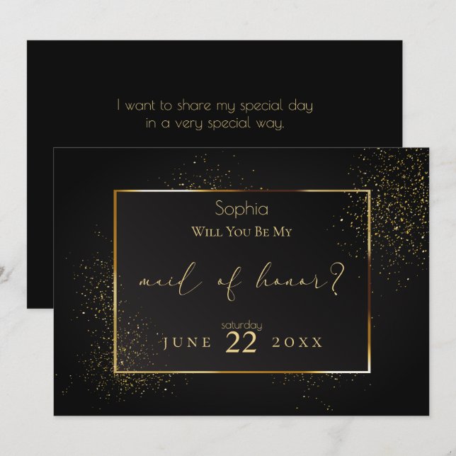 Elegante Black and Gold Glitzer Trauzeugin Einladung (Vorne/Hinten)