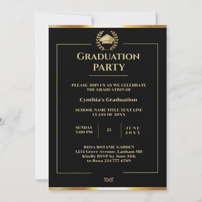 Elegante Black and Gold Graduation Party Einladung (Vorderseite)