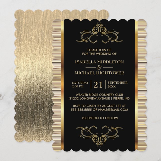 Elegante Black and Gold Metallic Wedding Einladung (Vorne/Hinten)