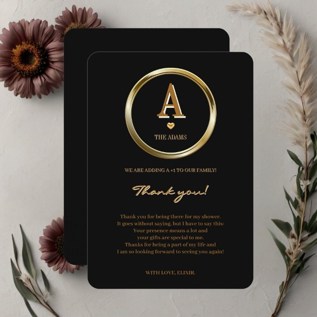 Elegante Black and Gold Monogram Family Baby Dusch Dankeskarte (Von Creator hochgeladen)