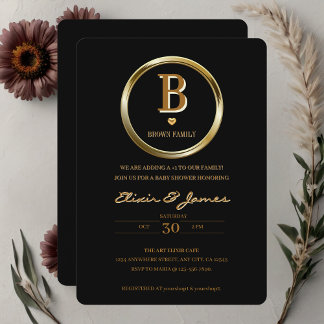 Elegante Black and Gold Monogram Family Baby Dusch Einladung